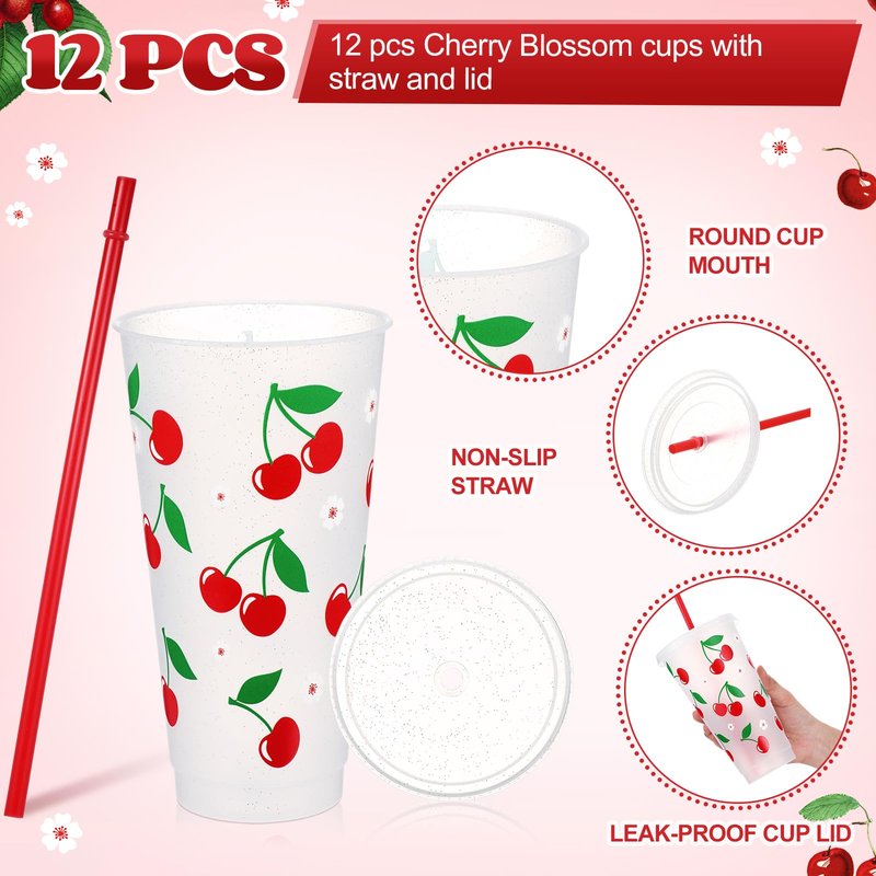 Potchen 12 Pcs Cherry Plastic Cups 24 oz Reusable Red Cherry Tumbler with Lids and Straws Reusable Drinking Juice Cups for Sweet One First Birthday Summer Fruit Birthday Daily Party Supplies