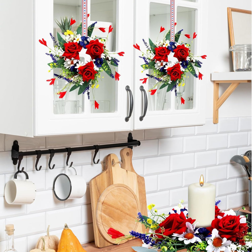 Veterans Day Candle Rings - 4 Pcs Red, White & Blue Mini Floral Wreaths for Patriotic Decor | 3 Inch