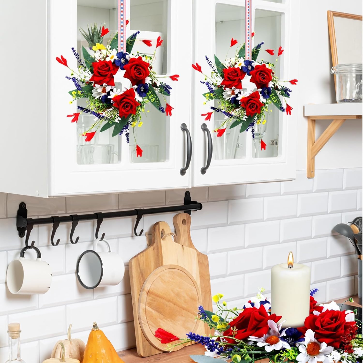 Veterans Day Candle Rings - 4 Pcs Red, White & Blue Mini Floral Wreaths for Patriotic Decor | 3 Inch