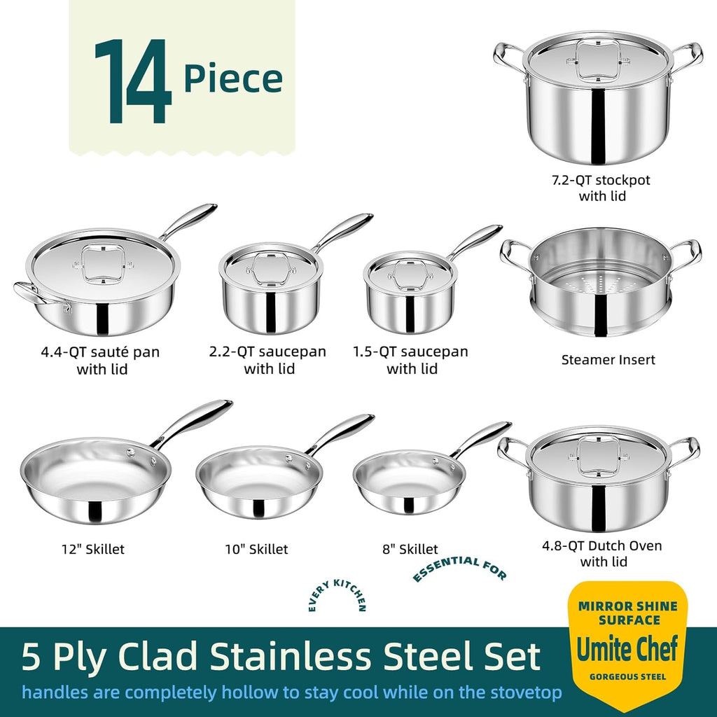 Umite Chef Stainless Steel Cookware Set - 14-Piece 5-Ply Induction Pot and Pan Set | Heavy-Duty, Oven Safe, PFOA-Free