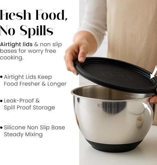 Bellemain Mixing Bowls Set - Stainless Steel Bowls with Airtight Lids | 3-Piece Kitchen Essentials for Baking & Serving