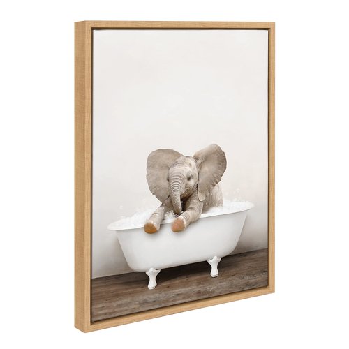 Kate and Laurel Sylvie Baby Elephant No 6 in Rustic Bath Framed Canvas Wall Art by Amy Peterson Art Studio; 18x24 Natural; Modern Fun Decorative Bathtub Wall Art for Home Décor