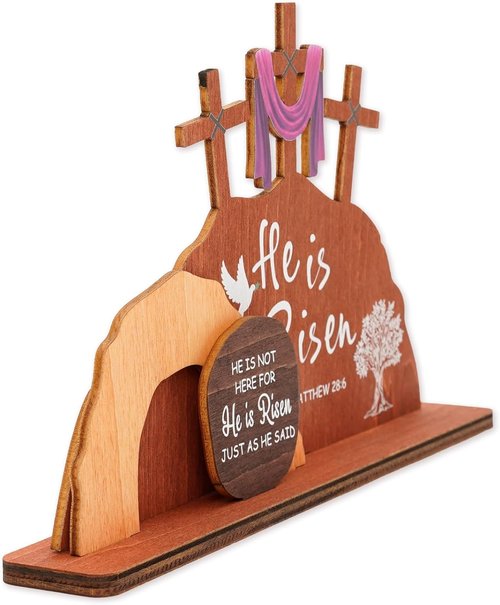 Alcarin Easter Decor - Wooden Resurrection Scene with Cross & Figurines | Christian Tabletop Decoration