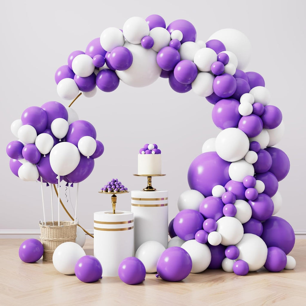 RUBFAC 129-Piece White & Purple Balloon Set - Perfect for Garland & Arch Decor | Various Sizes 5-18 Inches
