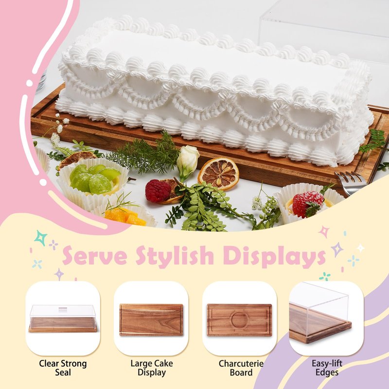 ClouTideR 15-25 Year-old Acacia Wood Cake Stand & Acrylic Lid, 2-in-1 Charcuterie Table Display Set, Wooden Dessert Board with Cover, Rectangle Flip Tray for Fine Dining Restaurant/Home Party(16x7.9”)