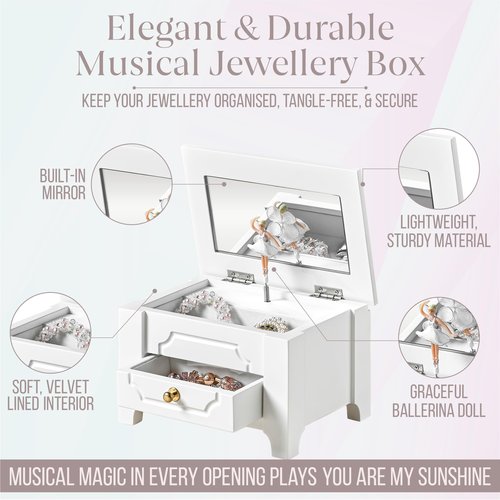 Arlo Belle Kids Musical Jewelry Box with Lock and Mirror, Wooden Jewelry Organizer with Spinning Ballerina and You Are My Sunshine Music, Home Decor & Gifts for Girls (White, Small)