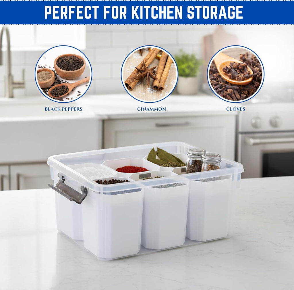 Trivon Plastic Storage Bins - Versatile 17 QT Clear Container with 6 Removable Inserts | White, 15.94x7.61x7.28 Inches