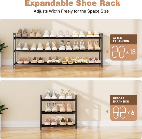 Expandable Shoe Rack by [Brand Name] - Adjustable 3-Tier Shoe Organizer for 18 Pairs | Sturdy Metal Storage in Black