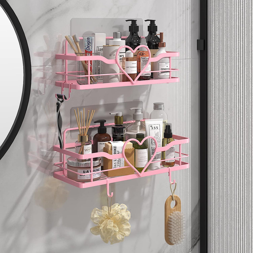 Skiennix Pink Shower Caddy - 4 Removable Hooks | No-Drill Adhesive Organizer for Bathroom & Kitchen