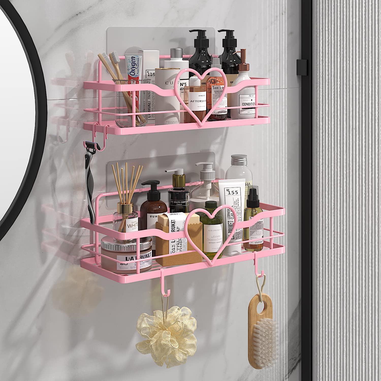 Skiennix Pink Shower Caddy - 4 Removable Hooks | No-Drill Adhesive Organizer for Bathroom & Kitchen