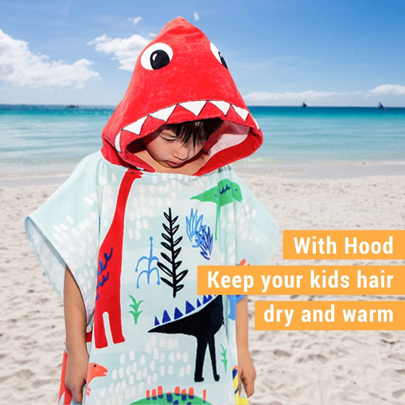 BANGSAUR Kids Hooded Towel Bath Beach Soft Cotton Towels Boys Absorbent Pool Wrap with Hood Baby Toddler Poncho Robe(Green Dinosaur,3-4Years/Height:33"-43")