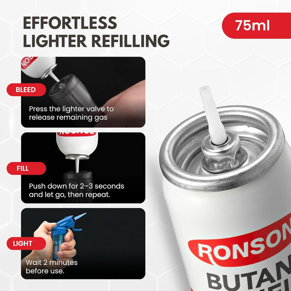 Ronson Butane Fuel Refill 75ml - Clean Burning Universal Lighter Fluid for Torch & Kitchen Use | Pack of 2