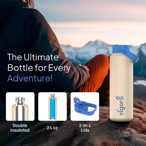 Vigor8 Insulated Stainless Steel Drink bottle with Straw and Wide Mouth | 2-in-1 Multi-function Lid | Thermal Water Flask with Double Wall Insulation | School, Office, Gym & Travel Water Bottle | 24oz