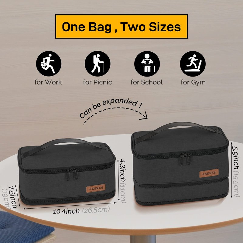 Buringer HOMESPON Expandable Lunch Bag for Men Women Insulated Lunch Box Holder with Handle for Picnics Work Travel(Black)