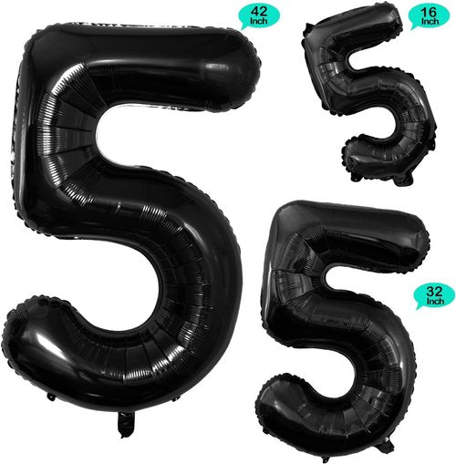 GOER Black Foil Number 5 Balloons - Huge 42" & 32" Birthday Party Decorations (3 Pcs)
