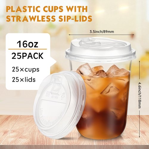 Baderke 25 Sets 16 oz Clear Plastic Cups with Lids,Sturdy Iced Coffee Cups with lids, Disposable Plastic Smoothie Cup for Cold Drinks