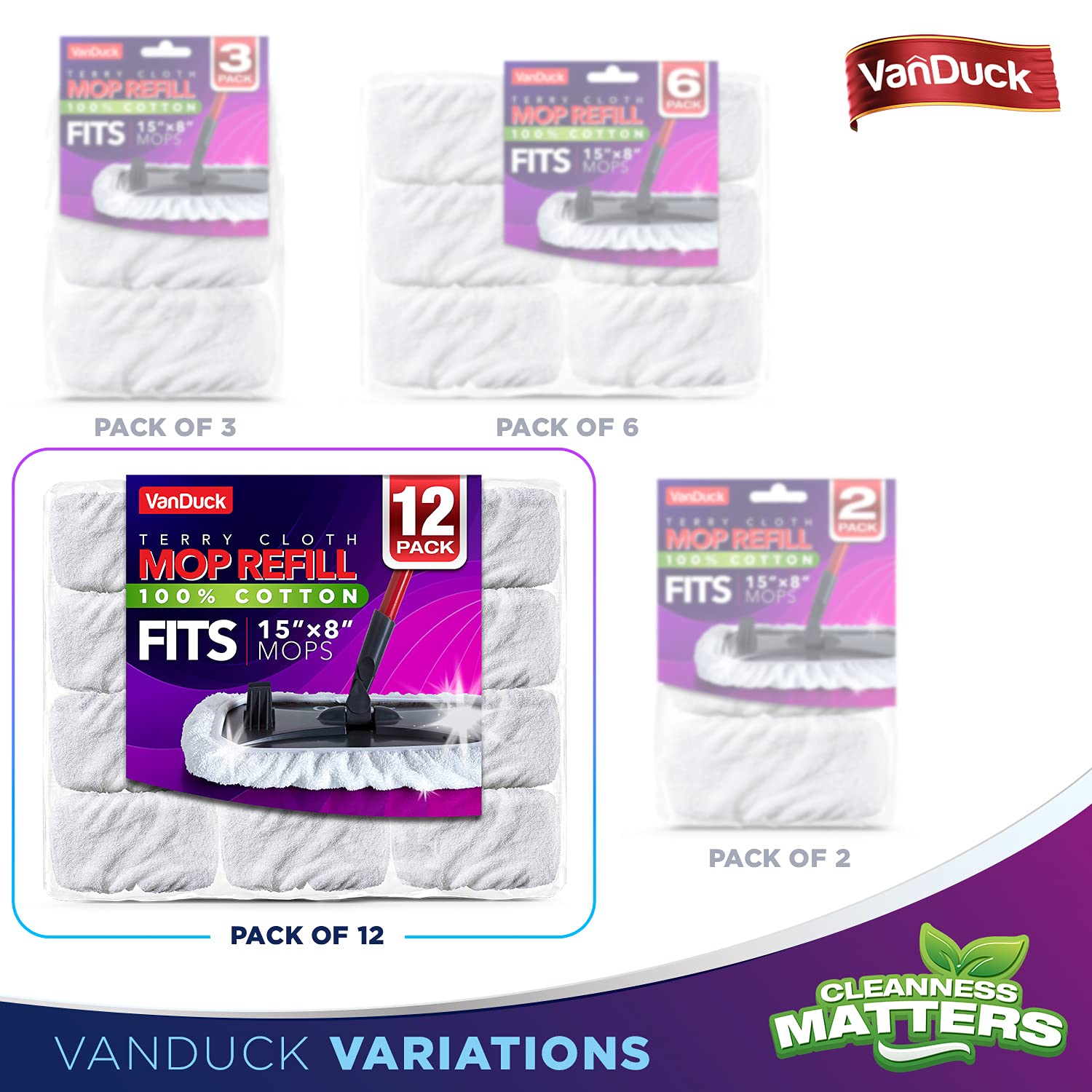 VanDuck 100% Cotton Terry Mop Pad 15x8 inch (12-Pack)