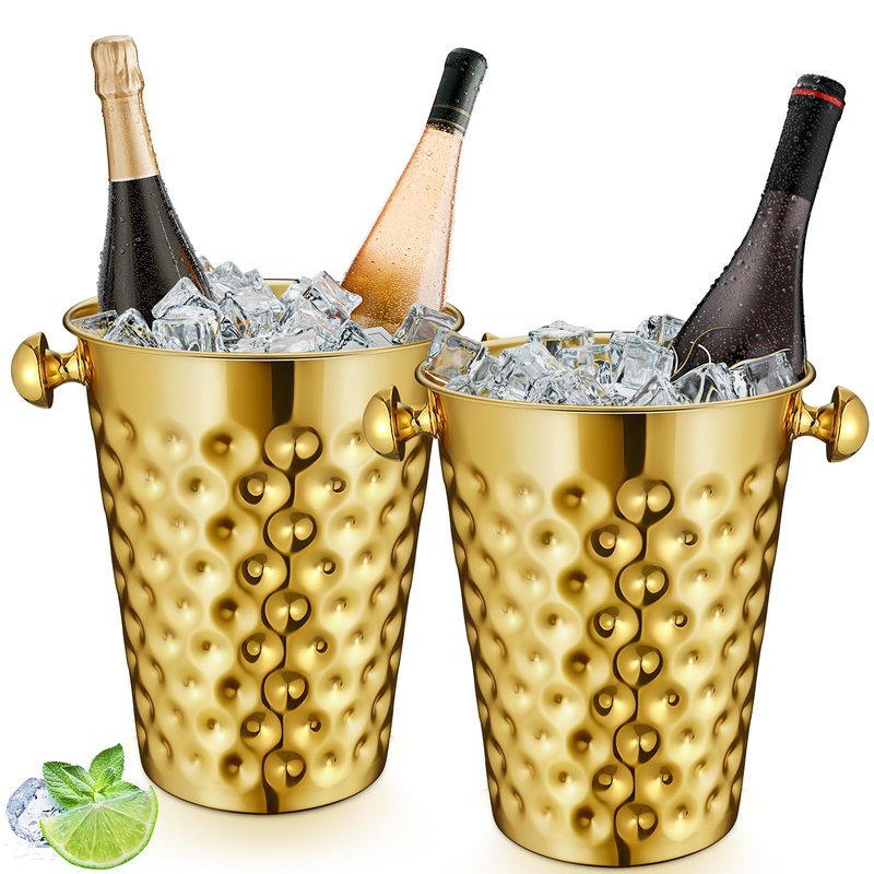 MorningRo 2 Pcs Gold Metal Champagne Ice Bucket 4.7 L Stainless Steel Doublewall Wine Ice Bucket for Bar, Party, Wedding, Banquet, Outdoor, BBQ(Hammer Texture)