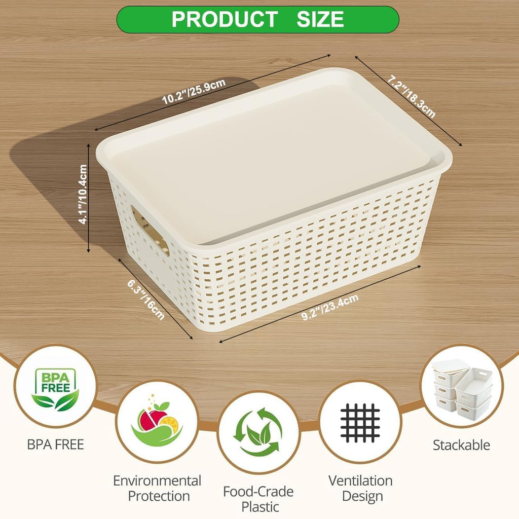 Resze Plastic Storage Baskets - 6 Pack with Lids | Breathable, Stackable Organizers for Home & Office, White