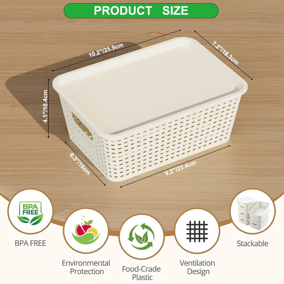 Resze Plastic Storage Baskets - 6 Pack with Lids | Breathable, Stackable Organizers for Home & Office, White