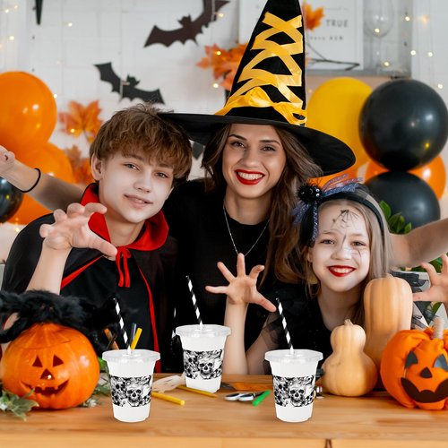 Whaline 50Pcs 12Oz Halloween Disposable Plastic Cups with Lids and Straws Black Gothic Sketch Skull Floral Cold Beverage Drinking Cups for Trick or Treat Party Supplies