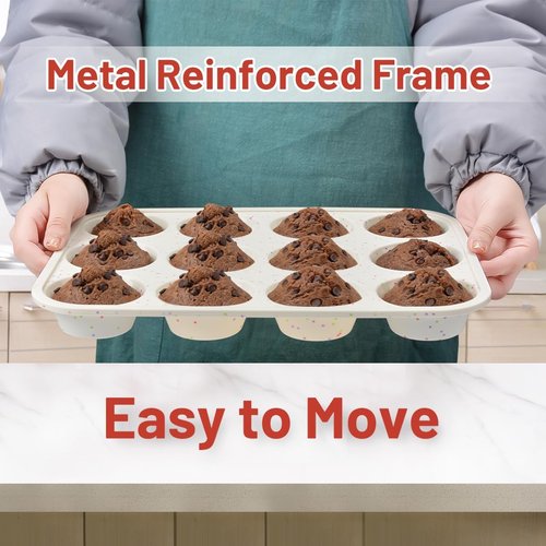 CAKETIME Silicone Muffin Pan - Non-Stick 12-Cup Cupcake Pan with Metal Reinforced Frame | Easy to Use