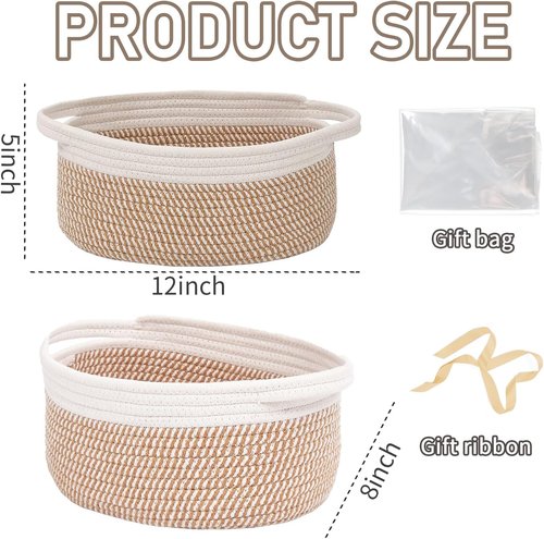 JMvicyroam Woven Storage Baskets - Small Rope Bins with Handles for Organizing Shelves | 2-Pack in White & Brown