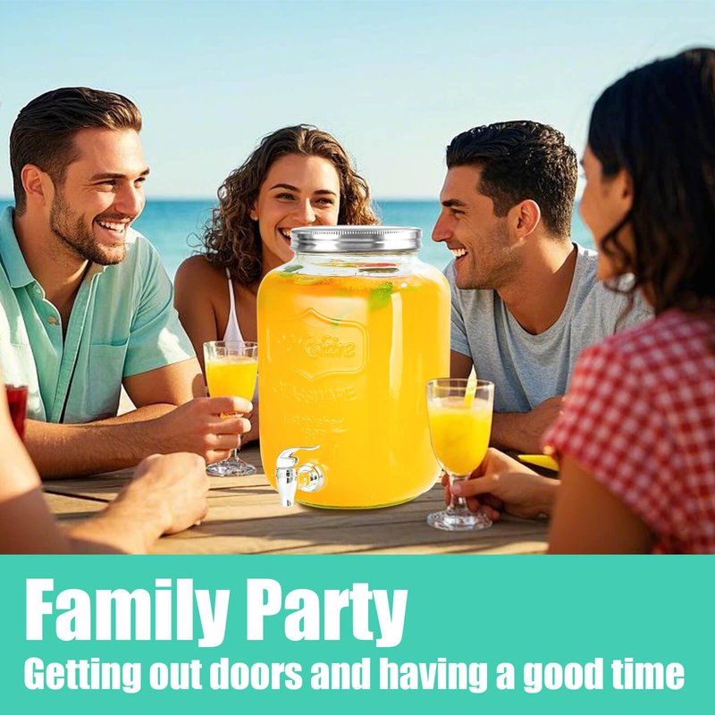 1 Gallon Glass Drink Dispensers for Parties, Large Beverage and Water Dispenser, Lemonade Dispenser, Sun Tea Glass Jar for Outside, With a Fruit Infuser, Two Spigots (PP Spigots)