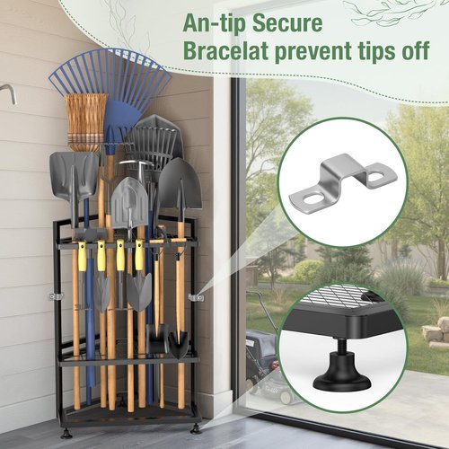Metal Yard Tool Organizer by [Brand Name] - Heavy-Duty Storage Rack for Long-Handled Tools | Corner Design with Side Pocket