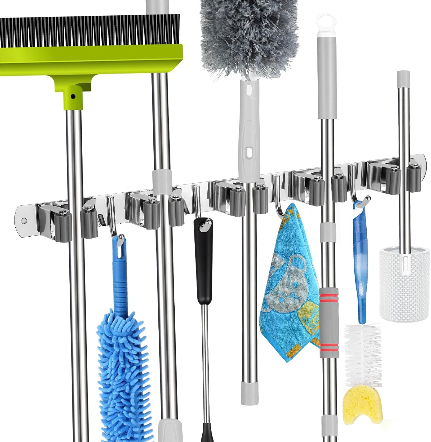 Voze Mop and Broom Holder - 5 Racks & 4 Hooks, Heavy-Duty Self-Adhesive Organizer | Silver