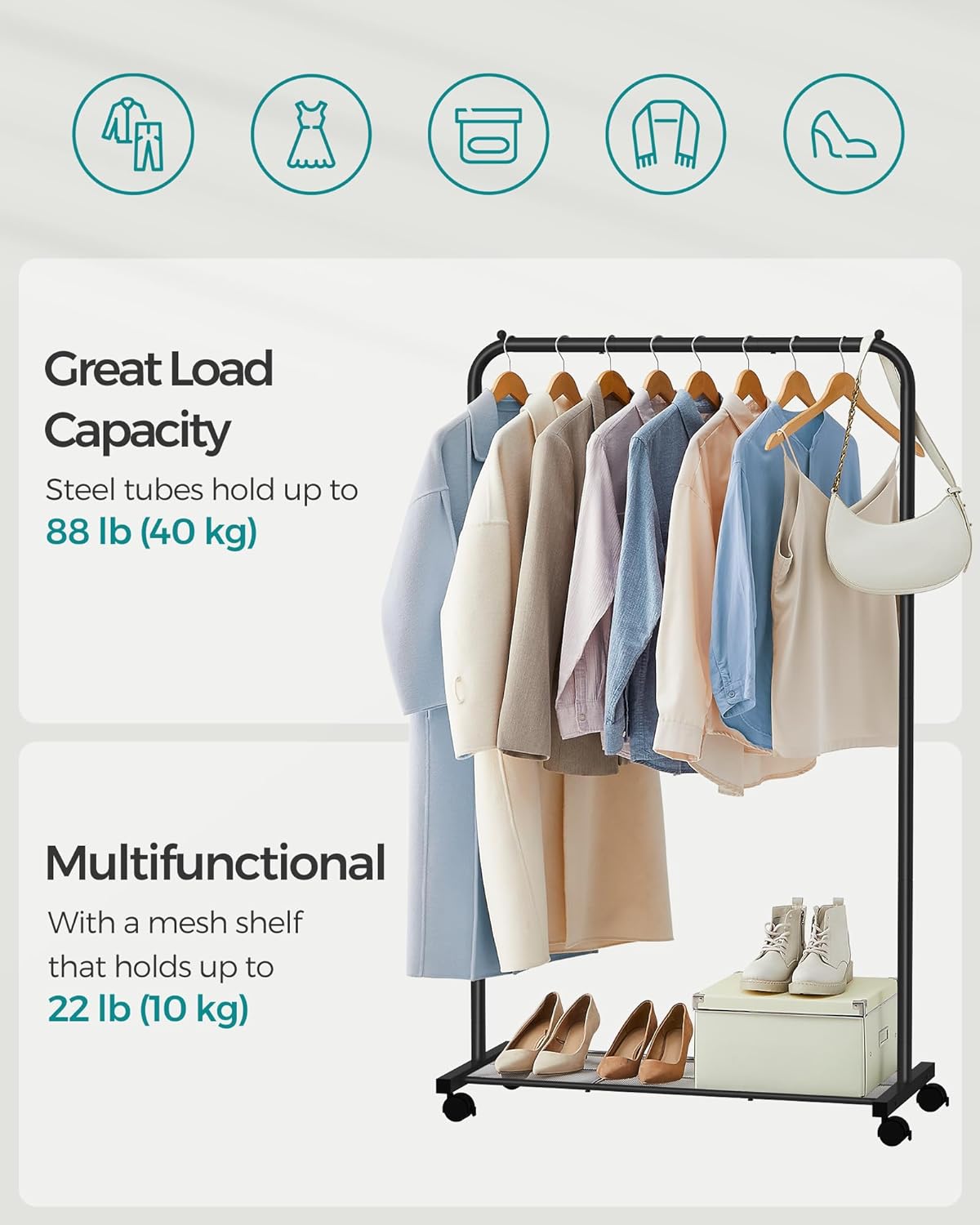 SONGMICS Clothes Rack - Mobile Garment Rack with Mesh Shelf & 110 lb Capacity - Black UHSR25BK