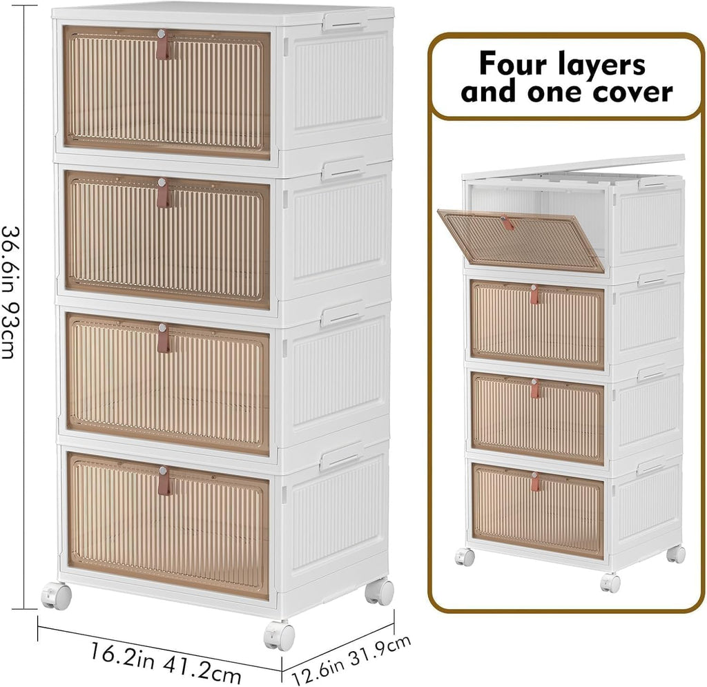 YFXCVSL 4-Tier Plastic Storage Bins with Lid - Stackable 28QT Containers with Wheels & Collapsible Design