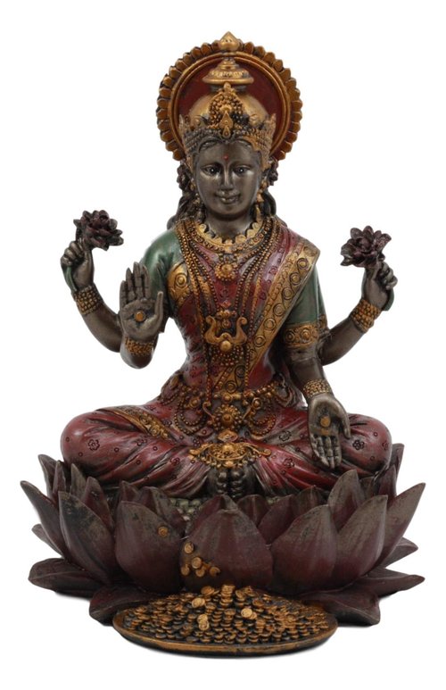 Ebros Beautiful Hindu Goddess Lakshmi Seated On Lotus Flower Statue 6.25" Tall Eastern Enlightenment Resin Altar Decor Figurine