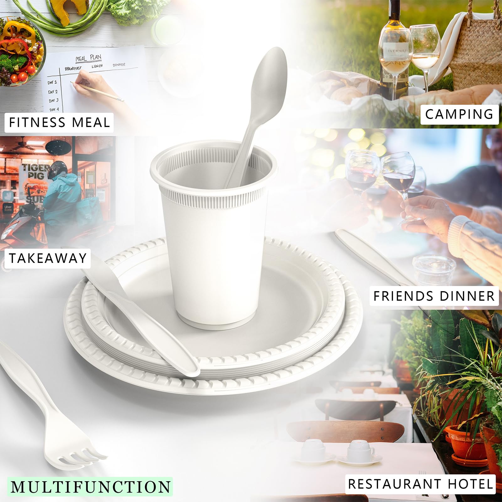 YONGZHUKANG Compostable Disposable Plates Set, 400pcs Compostable Plates and Utensils Disposable Dinnerware Set for Party, Natural Cornstarch Biodegradable Plates Cups Cutlery and Napkins Paper Straws