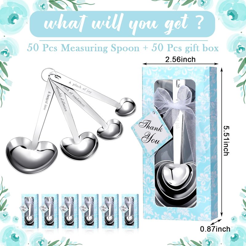 Yinder 50 Set Heart Shaped Measuring Spoons Wedding Favors for Guests Measuring Spoon Favors Gift with Gift Box and Thank You Card for Wedding Bridal Shower Baby Shower Birthday Souvenirs(Blue)