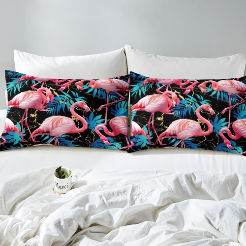 Castle Fairy Flamingo Sheet Queen Size Tropical Palm Leaves Bedding Set Golden Black Marble Kids Teens Audlts Wild Birds Animal Fashion Bed Sheet Set 4pcs(Fitted + Flat + 2 Pillowcases)
