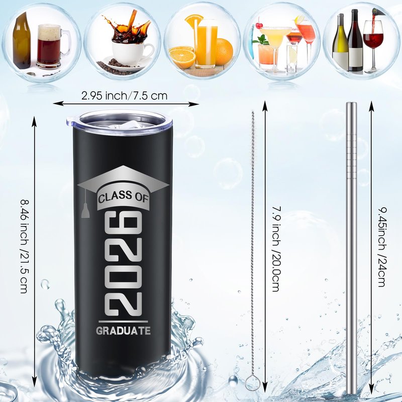 Patelai 4 Pcs Graduation Gift Bulk Class of 2026 Tumbler Cups 20oz Water Bottle with Lid Straw Brush Congrats Grad Graduate Gift for Him Her Grad Party Favor(Balck)