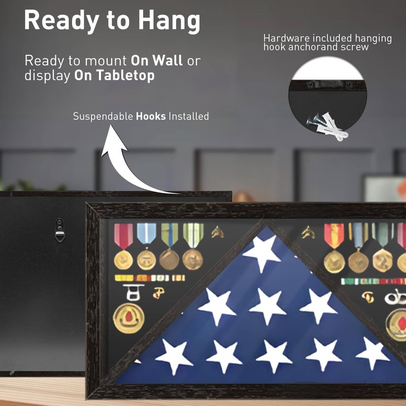 Flag Display Case for Funeral Flag, 5' x 9.5' Military Burial Flag Box with HD Tempered Glass and Removable Dividers, Memorial Flag Frame with Felt Lining for Badges Medals (Black)