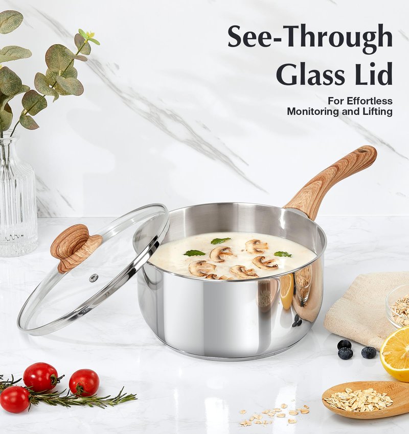KOCH SYSTEME CS 2 Quart Sauce Pan with Lid, Stainless Steel Saucepan with Heat-resistant Bakelite Handle, Saucepan with Lid, Stainless Steel Pot 2QT, Stainless Steel Sauce Pan, Induction Compatible