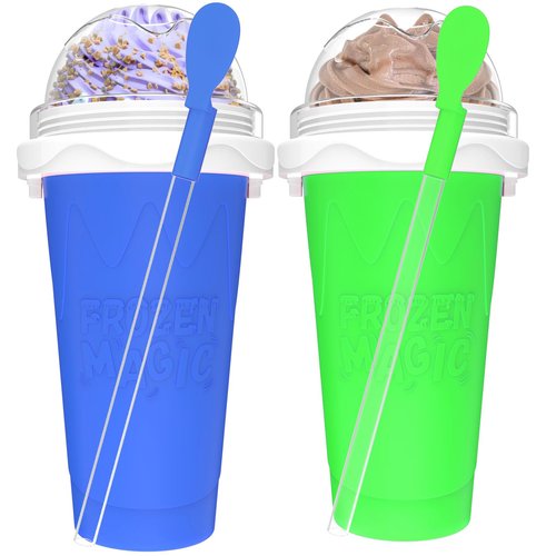Jairuty 2PCS Slushie Maker Cup, Quick Frozen Magic Cups for Homemade Milk Shake Ice Cream Maker, Double Layer Squeeze Slushy Maker Cup, Birthday Gifts for Kids,Friends,Family (Blue+Green, 350ML)