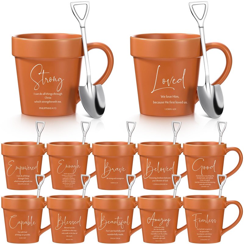 Reallnaive 12 Pcs Mother's Day Christian Gifts for Women 11oz Flowerpot Bible Verse Coffee Mugs with Shovel Spoons Bulk Religious Gifts for Mom Grandma Church Pastor Sunday School Teacher Team(Pray)