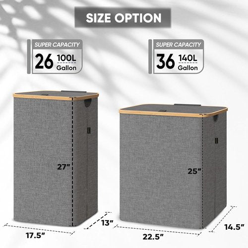 BALEINE Laundry Hamper - Tall 26 Gal Bin with Lid & Bamboo Pull Handles | Grey Color