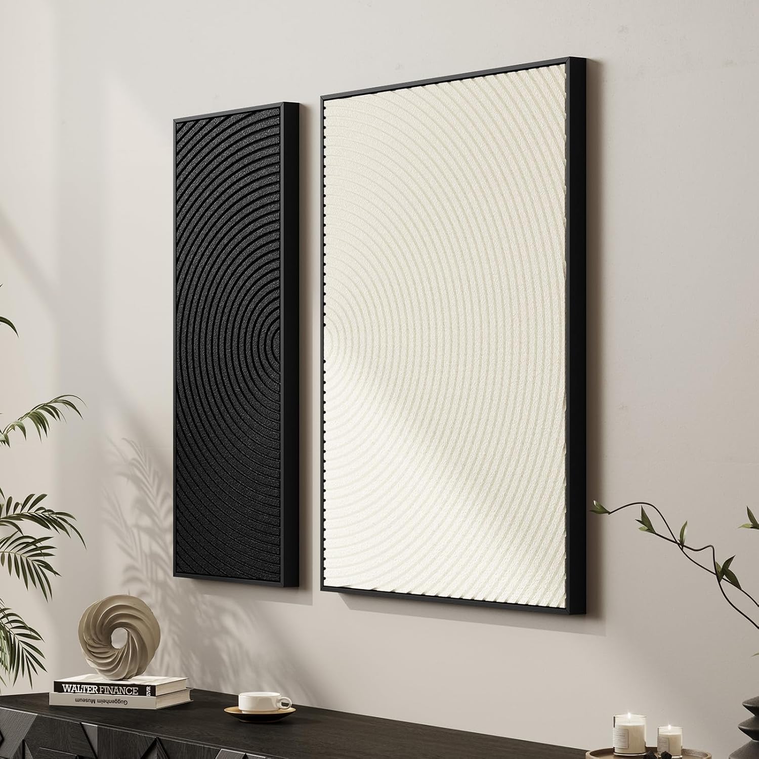 Skiennix 3D Textured Black and White Abstract Wall Art - Modern Minimalist 2-Piece Set for Home Decor