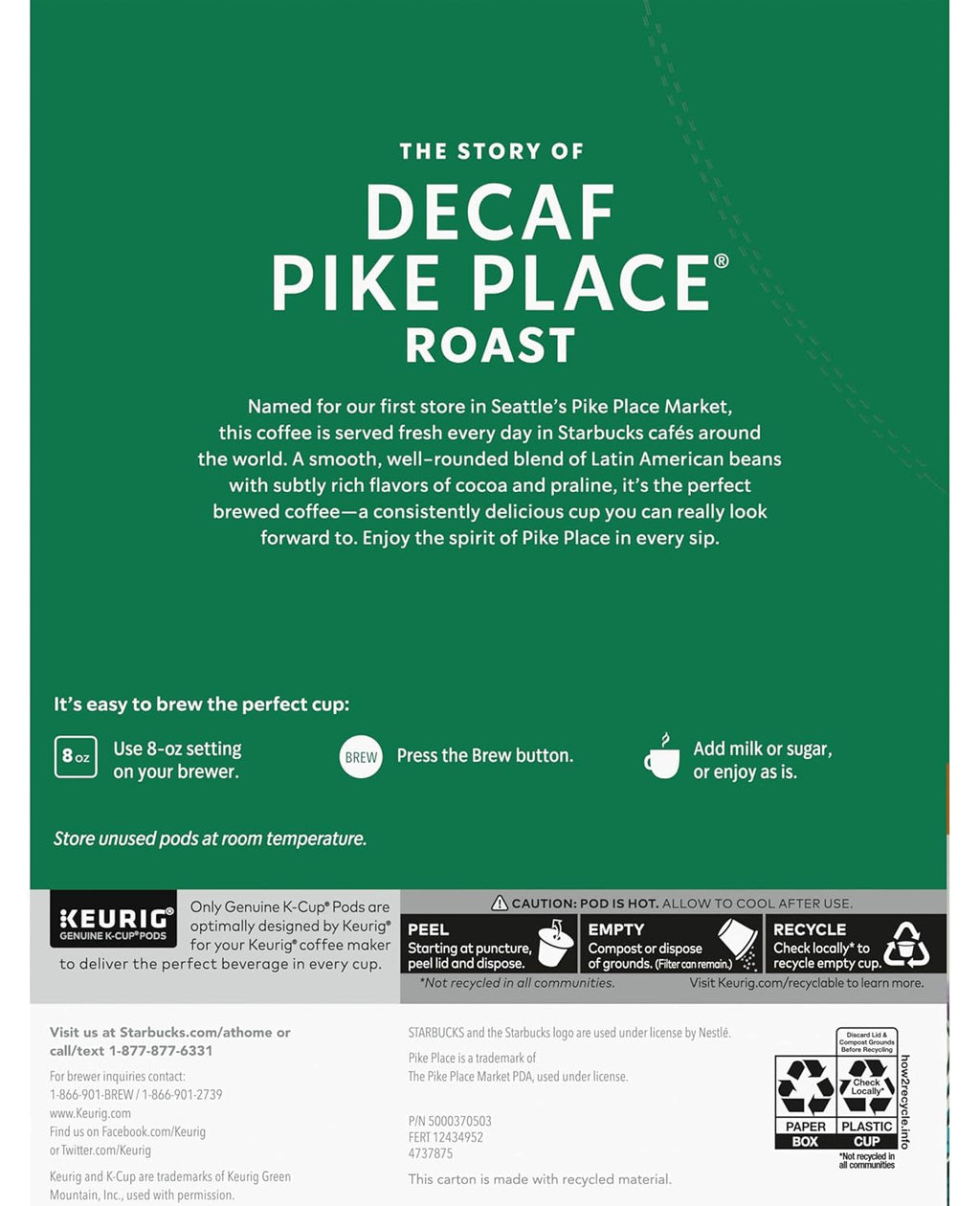 Starbucks Decaf Pike Place Roast K-Cups - Rich Flavor, 72 Count (3 Boxes of 24 K-Cups)