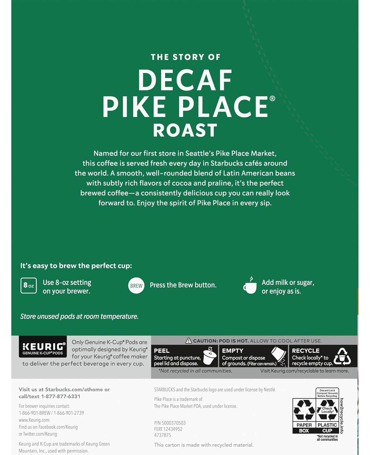 Starbucks Decaf Pike Place Roast K-Cups - Rich Flavor, 72 Count (3 Boxes of 24 K-Cups)