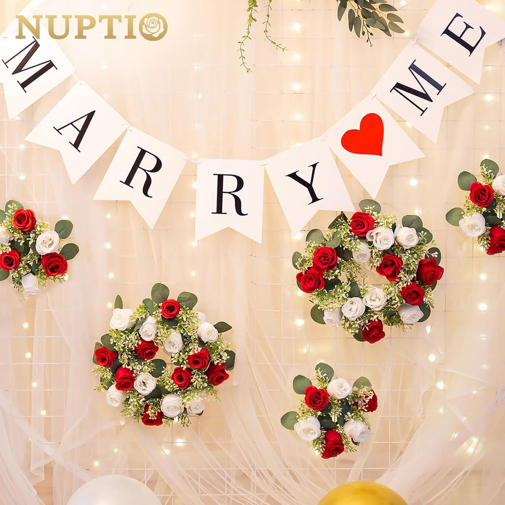 NUPTIO Candle Rings | 13.4 Inch Crimson & White Flower Rose Wreaths for Weddings & Christmas Decor - 2 Pcs