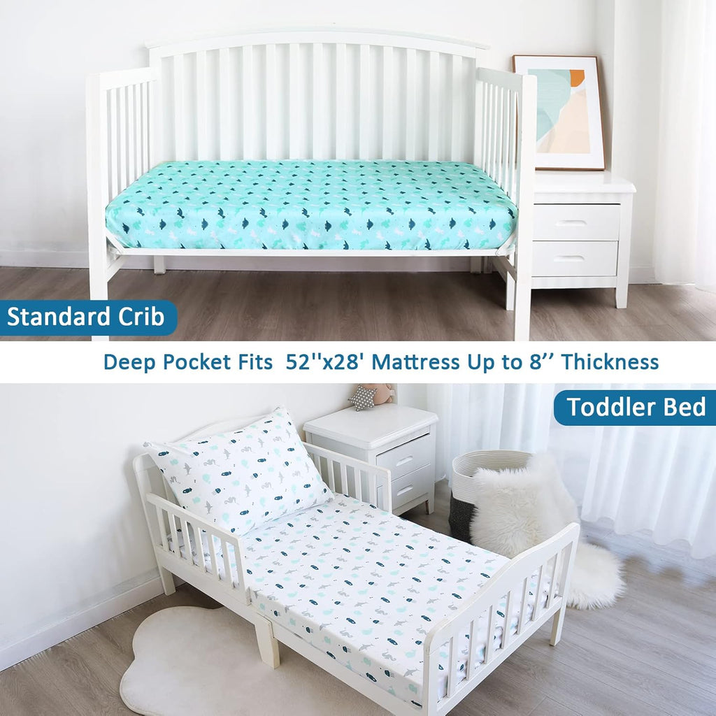 Skiennix Crib Sheets - Soft & Breathable Fitted 2-Pack for Standard Crib & Toddler Mattress | Dinosaurs & Ocean Design, 52'' x 28''