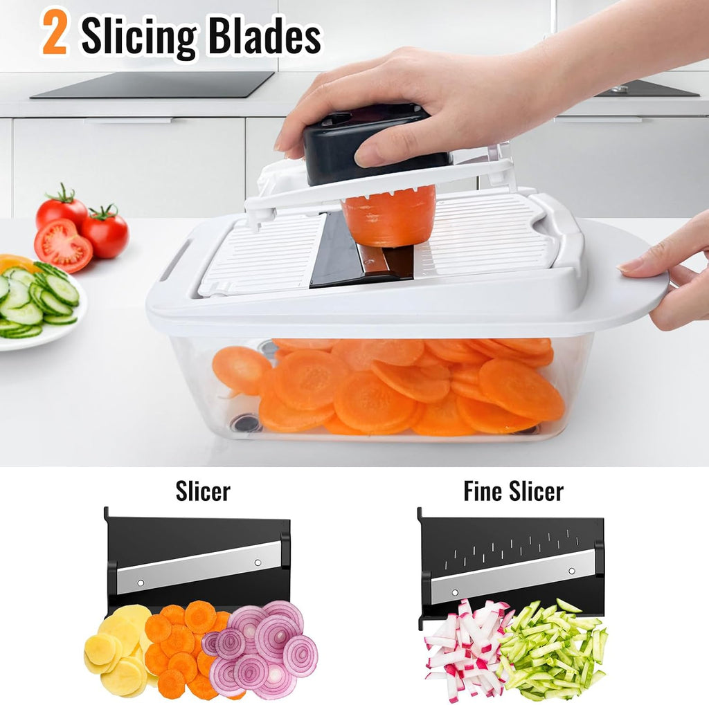 Skiennix 8-Blade Vegetable Chopper - All-in-One Mandoline Slicer with Container | White Kitchen Gadget
