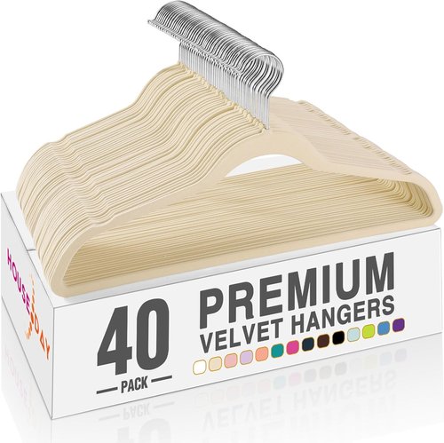 HOUSE DAY Velvet Hangers - 40 Pack Non-Slip Heavy Duty Felt Hangers for Space-Saving Closet Organization | Beige