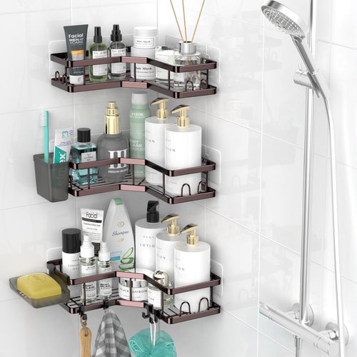 AKTECKE Corner Shower Caddy Organizer - Adhesive No-Drill Rack for Bathtub - 3-Pack Rustproof Shelves